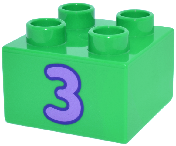 Duplo, Brick 2 x 2 with Medium Lavender Number 3 with Dark Purple Outline Pattern