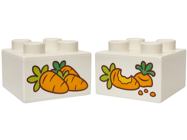 Duplo, Brick 2 x 2 with 3 Orange Carrots with Lime and Bright Green Tops / Partially Eaten Carrots Pattern