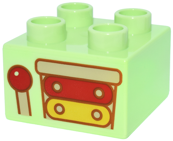 Duplo, Brick 2 x 2 with Tan and Dark Orange Xylophone Upper Half with Red and Yellow Bars and Mallet Pattern