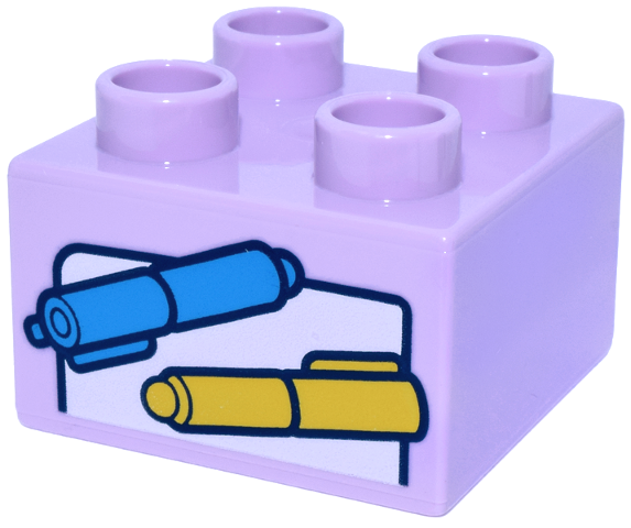 Duplo, Brick 2 x 2 with White Paper Upper Half, Dark Azure and Yellow Marker Pens Pattern