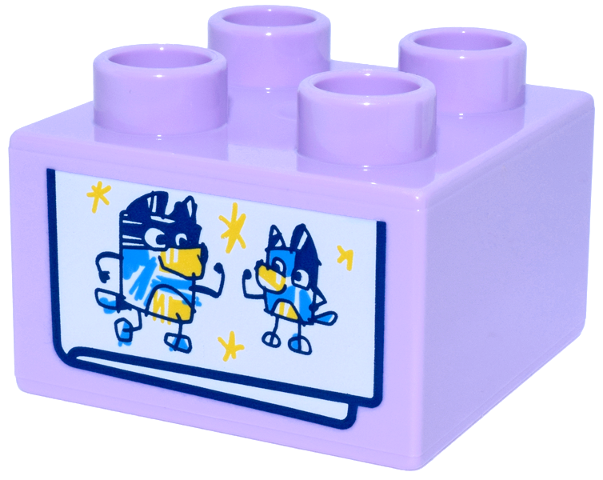 Duplo, Brick 2 x 2 with White Paper Lower Half, Dark Azure, Dark Blue and Yellow Drawing of Bluey, Bandit and Stars Pattern