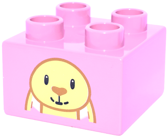 Duplo, Brick 2 x 2 with Bright Light Yellow and Dark Orange Bunny Upper Half, Black Eyes and Mouth Pattern