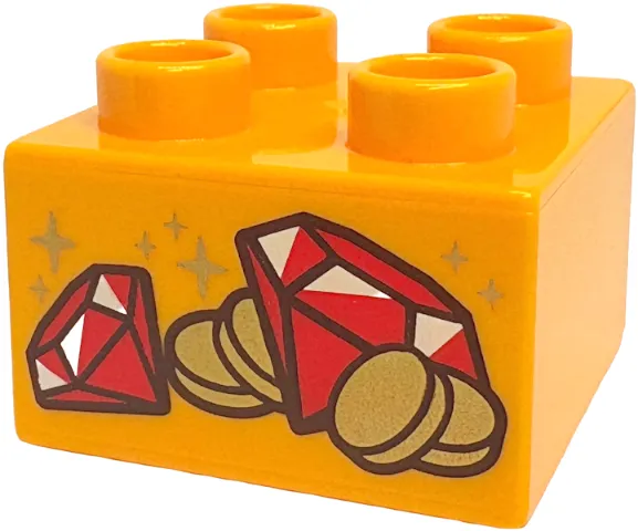 Duplo, Brick 2 x 2 with Red Gems and Gold Coins and Sparkles Pattern