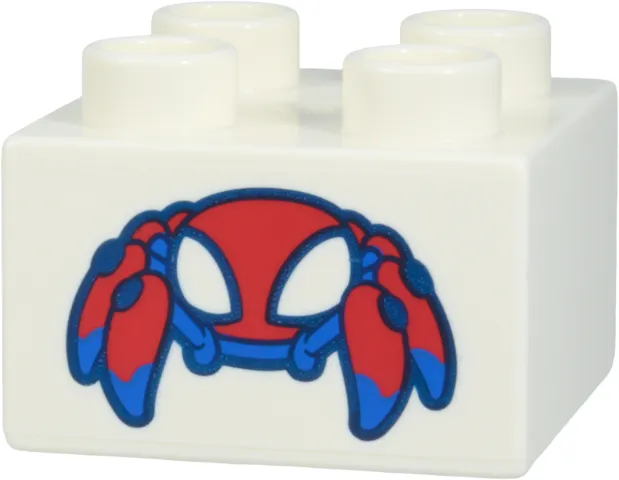 Duplo, Brick 2 x 2 with Red and Blue Spider Robot (Spider-Man Trace-E), Large White Eyes, and Dark Blue Outlines Pattern