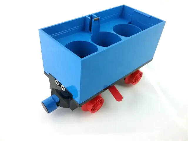 Train Battery Box Car with Three Contact Holes, Red Switch Lever, Blue and Red Magnets, and Red Wheels