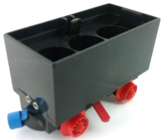 Train Battery Box Car with Two Contact Holes, Red Switch Lever, Blue and Red Magnets, and Red Wheels