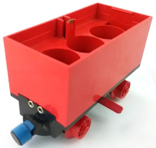 Train Battery Box Car with Two Contact Holes, Red Switch Lever, Blue and Red Magnets, and Red Wheels