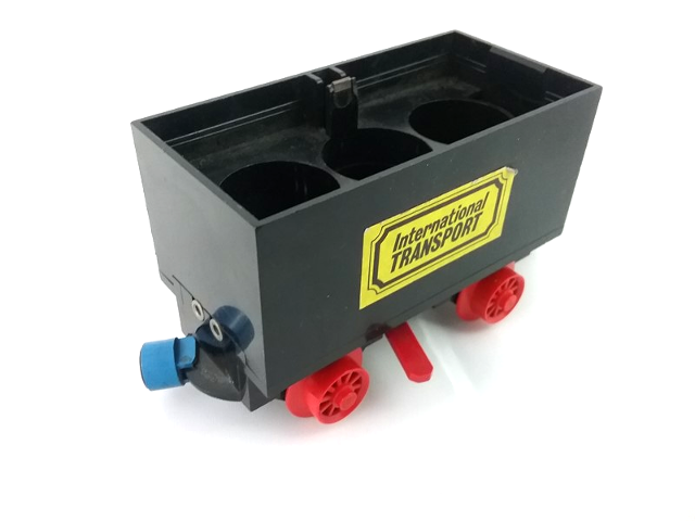 Train Battery Box Car with Two Contact Holes, Red Switch Lever, Blue and Red Magnets, and Red Wheels with 'International TRANSPORT' Pattern on Both Sides (Stickers) - Sets 161 / 181-1 / 183