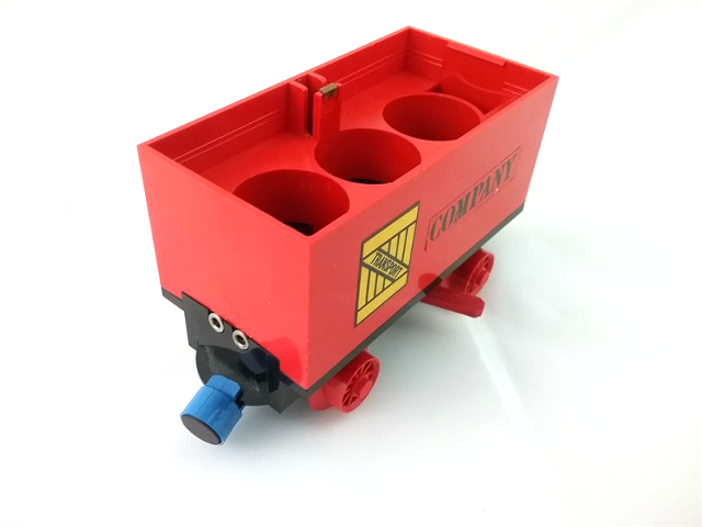 Train Battery Box Car with Two Contact Holes, Red Switch Lever, Blue and Red Magnets, and Red Wheels with 'TRANSPORT' on Yellow Box and 'COMPANY' Pattern on Both Sides (Stickers) - Set 180