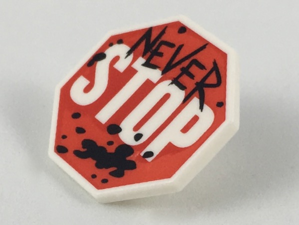 Minifigure, Shield Octagonal  with Stop Sign, Black 'NEVER' and Splotches Pattern