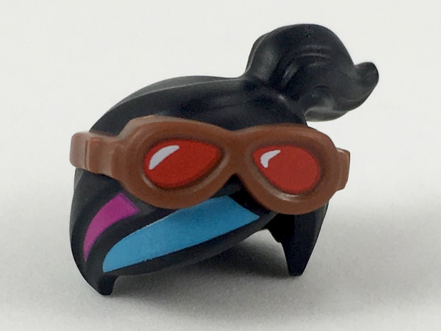 Minifigure, Hair Combo, Female Ponytail Off-center, Reddish Brown Goggles with Red Lenses, Magenta and Medium Azure Stripes Pattern
