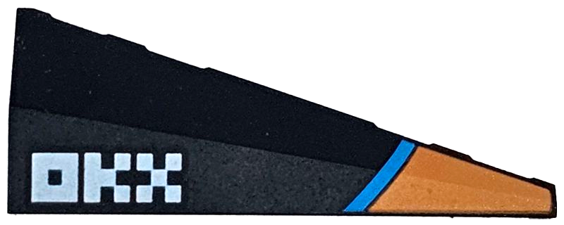 Wedge 5 x 2 Left with Orange Panel, Dark Azure Stripe, White Pixelated 'OKX' Pattern