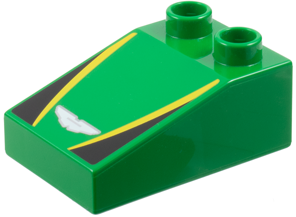 Duplo, Brick 3 x 2 Slope 33 with Silver and White Aston Martin Logo, Yellow Stripes, Black Triangles Pattern