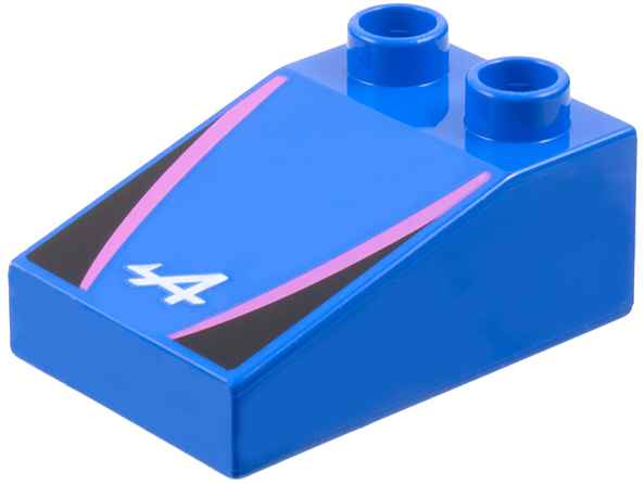 Duplo, Brick 3 x 2 Slope 33 with Alpine Formula 1 Logo Stylized White Capital Letter A, Dark Pink Stripes, Black Triangles Pattern