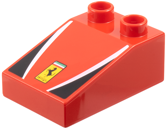 Duplo, Brick 3 x 2 Slope 33 with Ferrari Logo, White Stripes, Black Triangles Pattern
