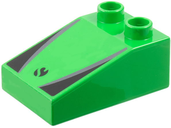 Duplo, Brick 3 x 2 Slope 33 with Sauber Formula 1 Logo Partial Capital Letter S on Black Circle, Dark Silver Stripes, Black Triangles Pattern