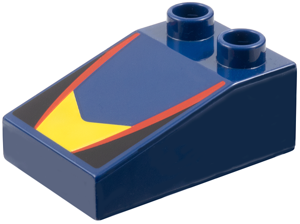 Duplo, Brick 3 x 2 Slope 33 with Yellow V-Shaped Center Panel, Red Stripes, Black Triangles Pattern