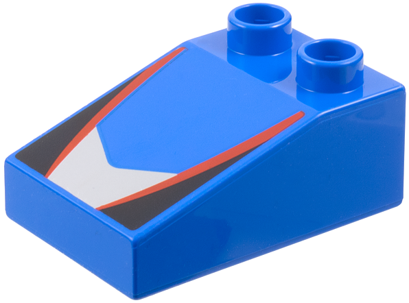 Duplo, Brick 3 x 2 Slope 33 with Silver V-Shaped Center Panel, Red Stripes, Black Triangles Pattern