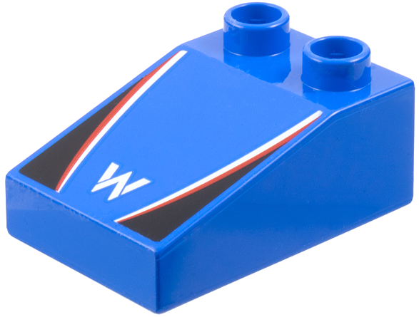 Duplo, Brick 3 x 2 Slope 33 with Williams Formula 1 Logo Stylized Capital Letter W, White and Red Stripes, Black Triangles Pattern