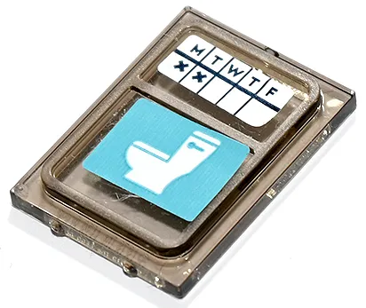 Glass for Train Door with Lip on All Sides with Medium Azure Restroom Sign and Weekly Cleaning Schedule with 'M T W T F' on White Background Pattern (Stickers) - Set 41731