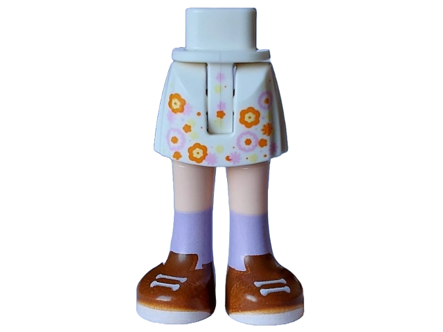 Mini Doll Hips and Skirt with Molded Light Nougat Legs and Printed Bright Light Yellow, Bright Pink and Orange Flowers, Dark Orange Shoes with White Laces and Soles and Medium Lavender Socks Pattern - Thin Hinge
