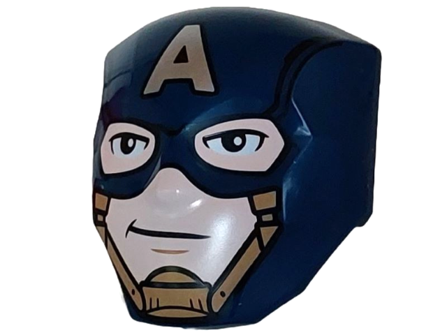 Large Figure Face with Brow and Nose Detail, 2 x 2 Round Brick Attachment with Mask with Silver Capital Letter A and Gold Chin Strap over Light Nougat Face Pattern (Captain America)
