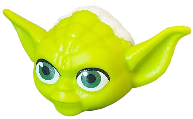 Minifigure, Head, Modified SW Yoda Curved Ears Pointing Up with Dark Green Eyes and White Hair Pattern