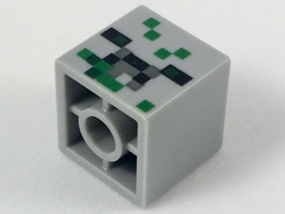Minifigure, Head, Modified Small Cube with Black, Dark Bluish Gray and Green Pixelated Pattern (Minecraft Baby Zombie Pigman)