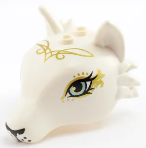 Fox Head with Metallic Light Blue Eyes with Eyelashes, Black Nose and Whisker Dots, Gold Swirls and Markings Pattern