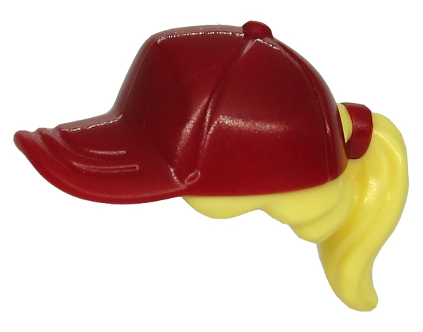 Minifigure, Hair Combo, Hair with Hat, Ponytail with Molded Dark Red Ball Cap Pattern
