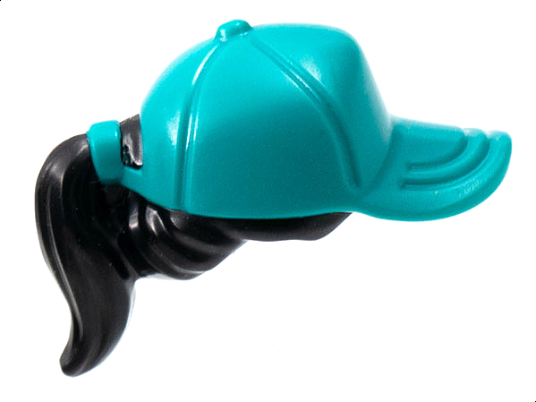Minifigure, Hair Combo, Hair with Hat, Ponytail with Molded Dark Turquoise Ball Cap Pattern