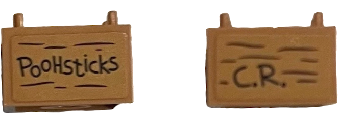 Container, Box 2 x 2 x 1 - Top Opening with Flat Inner Bottom with Black 'PooHsticks', 'C.R.' and Wood Grain Pattern on Both Sides (Stickers) - Set 21326