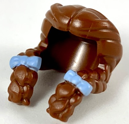 Minifigure, Hair Female Parted in Center, Two Braids Hanging in Front with Bright Light Blue Bows Pattern