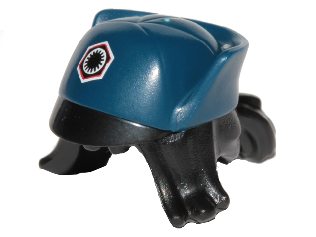 Minifigure, Hair Combo, Hair with Hat, Swept Sideways with Ponytail, Black, White and Red First Order Insignia and Black Flap Pattern