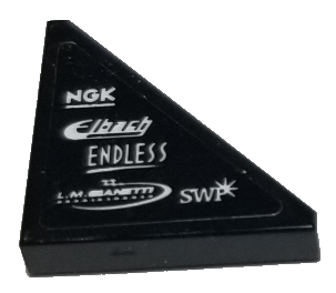 Tile, Modified 2 x 2 Triangular with White 'NGK', 'Elbach', 'ENDLESS', 'L.M. GRANETTI', and 'SWP' Pattern Model Right Side (Sticker) - Set 75885