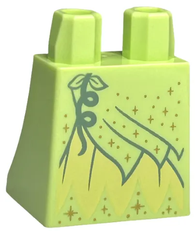 Lower Body, Skirt with Bright Light Yellow Dress with Layer with Sand Green Flower, Folds, and Gold Sparkles and Dots Pattern
