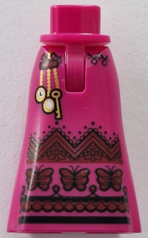 Mini Doll Hips and Skirt Full Length with Pendant, Watch and Key on Gold Chains, Black and Dark Red Butterflies, Zig Zag and Hem Pattern - Thin Hinge