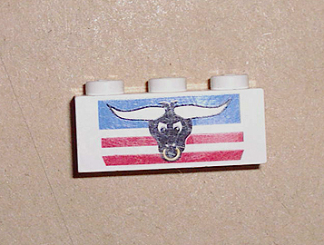Brick 1 x 3 with Steer / Bull's Head, Blue and Red Stripes Pattern