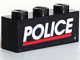 Brick 1 x 3 with White 'POLICE' Red Line on Black Background Pattern (Sticker) - Set 6598