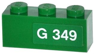 Brick 1 x 3 with White 'G 349' Pattern Model Right Side (Sticker) - Set 70805