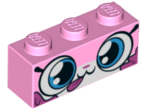 Brick 1 x 3 with Cat Face Wide Eyes, Closed Mouth with Tongue Sticking Out, Dark Pink Splotches Pattern (Dessert Unikitty)