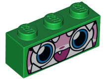 Brick 1 x 3 with Cat Face Wide Eyes, Smiling Open Mouth with One Tooth, Green Dinosaur Mask with White Teeth Pattern (Dinosaur Unikitty)