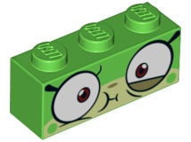 Brick 1 x 3 with Cat Face Wide Eyes and Olive Green Lower Eyelid, Sick Expression with Closed Mouth Pattern (Queasy Unikitty)