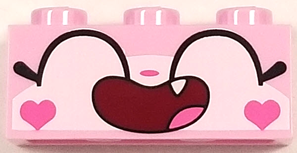 Brick 1 x 3 with Cat Face Wide Closed Eyes Smiling Open Mouth with One Tooth and Hearts on Cheeks Pattern