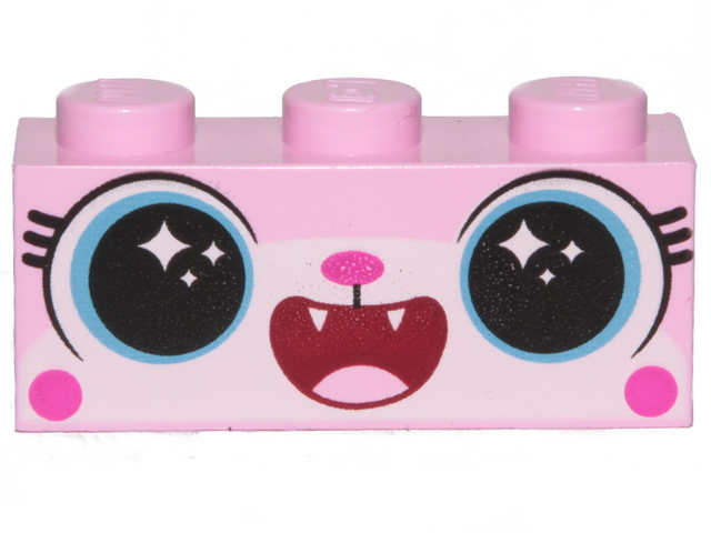 Brick 1 x 3 with Cat Face Open Mouth Smile Showing Tongue and Teeth Pattern (Disco Kitty)