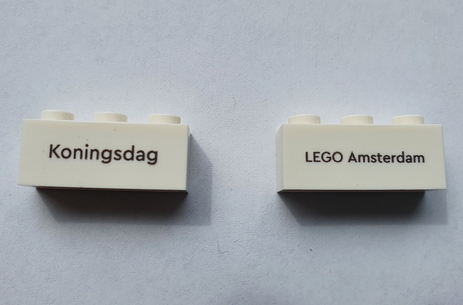 Brick 1 x 3 with Black 'Koningsdag' and 'LEGO Amsterdam' Pattern on Both Sides