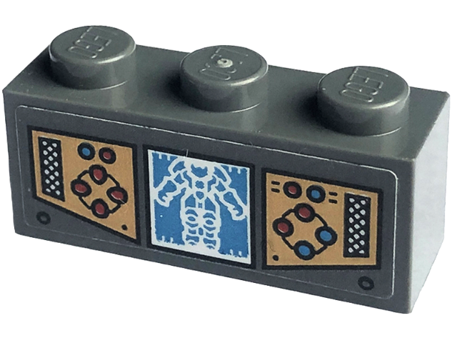 Brick 1 x 3 with Gold Control Panels with Red and Dark Azure Buttons and Display with White Mech Pattern (Sticker) - Set 71775