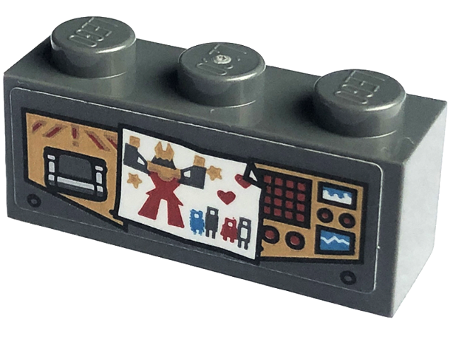 Brick 1 x 3 with Gold Control Panels with Red Buttons, Dark Azure and White Displays, and Paper with Picture of Mech Pattern (Sticker) - Set 71775