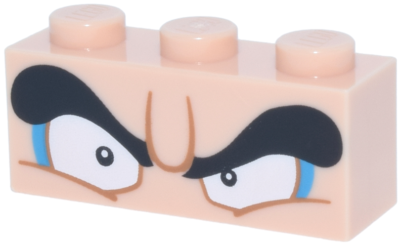 Brick 1 x 3 with Black Eyebrows, White Angry Eyes, Dark Azure Rims, Medium Nougat Wrinkles Pattern (Super Mario Wario Upper Face)