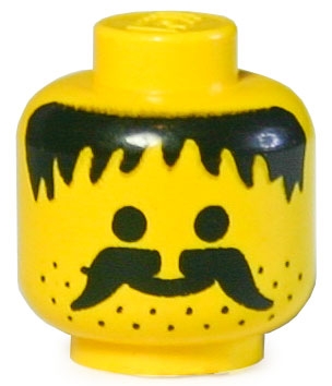 Minifigure, Head Moustache, Stubble and Messy Hair Black Pattern - Solid Stud